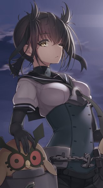 Anime picture 821x1496 with kantai collection pokemon nintendo hatsuzuki destroyer hoothoot seramikku single tall image looking at viewer fringe short hair breasts hair between eyes brown hair standing yellow eyes sky cloud (clouds) upper body ahoge