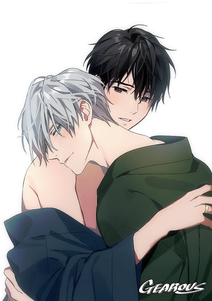 Anime picture 900x1273 with yuri!!! on ice mappa viktor nikiforov katsuki yuuri gearous tall image looking at viewer blush fringe short hair light erotic black hair simple background hair between eyes white background bare shoulders brown eyes upper body traditional clothes parted lips