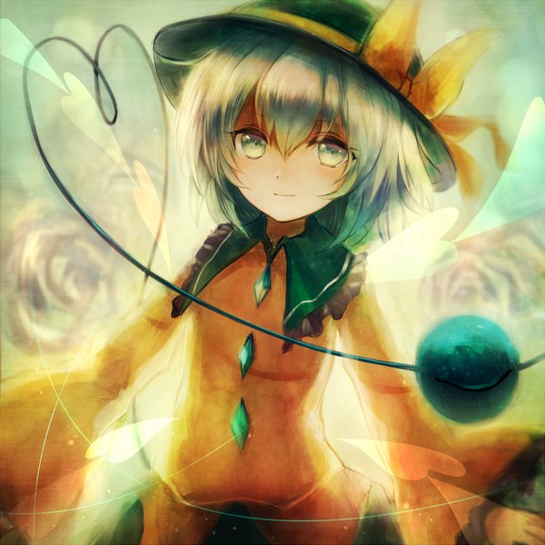 Anime picture 1000x1000 with touhou komeiji koishi maho moco single short hair green eyes silver hair heart of string girl skirt flower (flowers) bow hat heart rose (roses) blouse green skirt eyeball