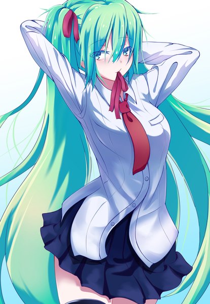 Anime picture 1504x2178 with vocaloid hatsune miku mamome single tall image looking at viewer white background twintails holding very long hair aqua eyes aqua hair mouth hold ribbon in mouth girl skirt shirt necktie white shirt