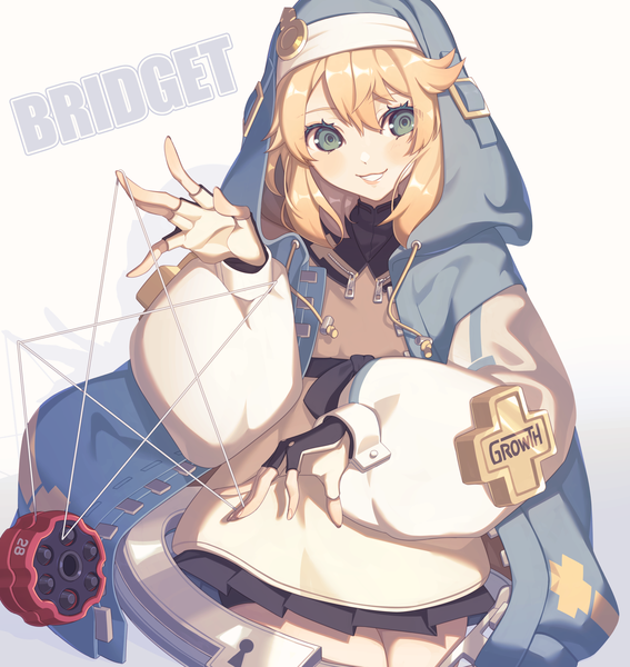 Anime picture 1700x1800 with guilty gear guilty gear strive bridget (guilty gear) miri (cherryjelly) single long hair tall image blonde hair smile white background green eyes open jacket character names grin otoko no ko boy gloves jacket star (symbol) hood