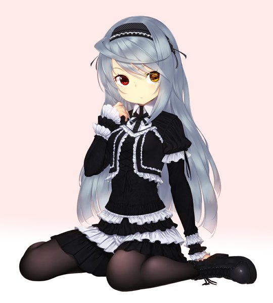 Anime picture 990x1100 with infinite stratos 8bit laura bodewig zizi (zz22) single long hair tall image blush simple background red eyes yellow eyes looking away grey hair heterochromia symbol-shaped pupils lolita fashion goth-loli :< girl dress