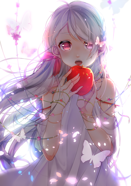 Anime picture 2894x4093 with original sapphire single long hair tall image fringe highres open mouth white background bare shoulders silver hair upper body pink eyes wind girl insect butterfly fruit apple