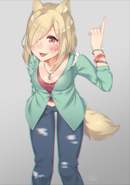 Anime picture 1000x1418 with original reverie soda single long hair tall image blush fringe breasts open mouth simple background blonde hair red eyes animal ears cleavage tail animal tail arm up hair over one eye grey background fang (fangs)