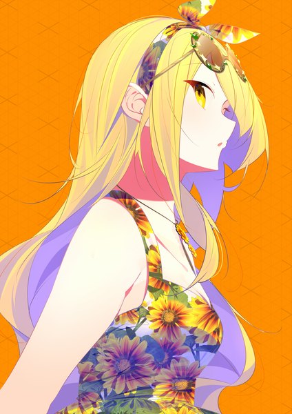 Anime picture 848x1200 with original benio (dontsugel) single long hair tall image looking at viewer blonde hair simple background bare shoulders yellow eyes upper body parted lips profile floral print sunglasses on head orange background polychromatic girl dress hairband