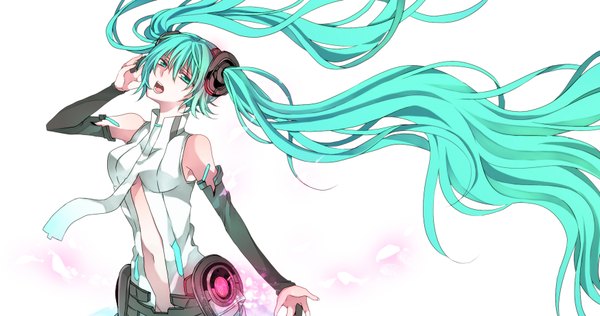 Anime picture 1748x922 with vocaloid vocaloid append hatsune miku hatsune miku (append) awa (houteishiki) single highres open mouth wide image twintails very long hair aqua eyes aqua hair girl detached sleeves headphones