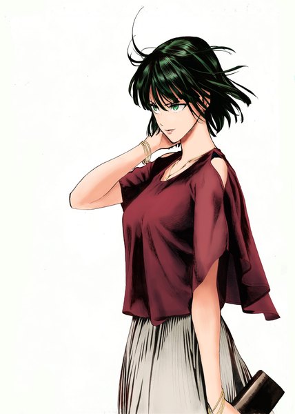 Anime picture 1372x1921 with one-punch man madhouse fubuki (one-punch man) murata yuusuke single tall image fringe short hair simple background hair between eyes standing white background holding green eyes looking away arm up green hair lips girl skirt