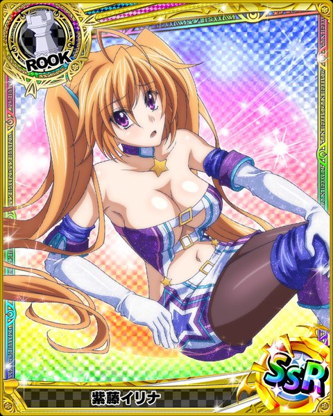 Anime picture 640x800 with highschool dxd shidou irina single tall image looking at viewer blush breasts open mouth light erotic brown hair purple eyes twintails cleavage very long hair card (medium) girl gloves navel pantyhose elbow gloves