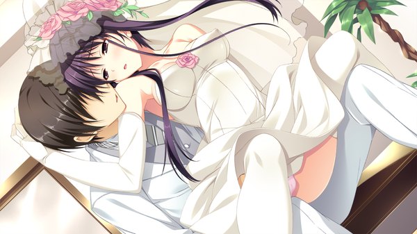 Anime picture 1280x720 with tojita sekai no tori colony long hair blush breasts open mouth light erotic black hair red eyes wide image game cg purple hair pantyshot couple girl thighhighs dress boy gloves white thighhighs elbow gloves
