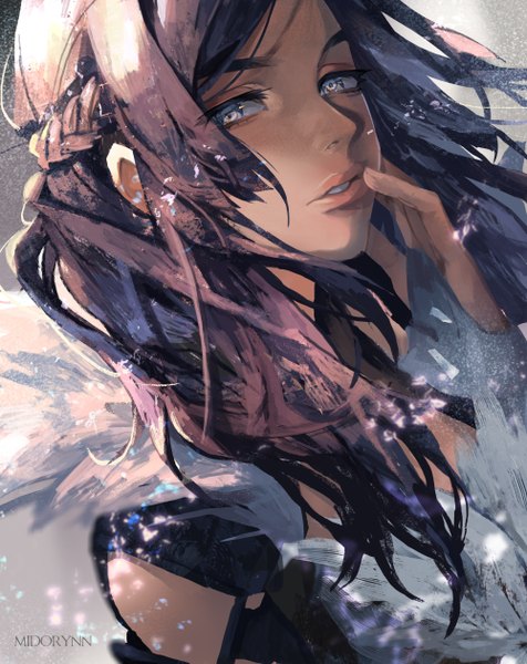 Anime picture 1000x1261 with original d-oppelganger (midorynn) single long hair tall image looking at viewer fringe brown hair signed payot upper body braid (braids) parted lips aqua eyes eyebrows hand on face girl bridal gauntlets