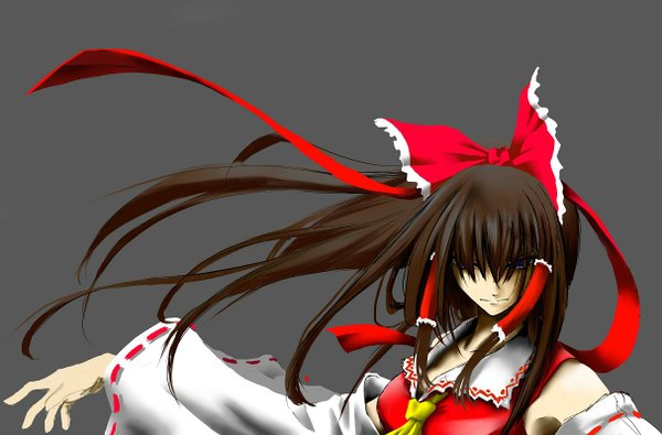 Anime picture 1214x800 with touhou hakurei reimu uramix (pixiv) single long hair blue eyes simple background brown hair japanese clothes grey background girl ribbon (ribbons) bow hair bow detached sleeves
