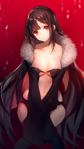 Anime-Bild 810x1440 mit fate (series) fate/grand order yu mei-ren (fate) popupi (pixiv34739731) single long hair tall image looking at viewer blush fringe breasts light erotic simple background red eyes brown hair sitting payot blunt bangs head tilt fur trim