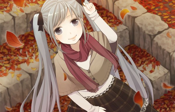 Anime picture 1843x1181 with vocaloid hatsune miku fujino iro single long hair looking at viewer blush fringe highres smile twintails from above grey hair grey eyes plaid skirt plaid autumn girl skirt ribbon (ribbons)