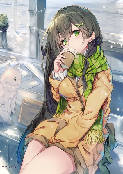 Anime picture 2490x3529 with melonbooks fal maro single tall image looking at viewer blush fringe highres breasts black hair hair between eyes sitting holding green eyes signed outdoors very long hair head tilt fingernails scan