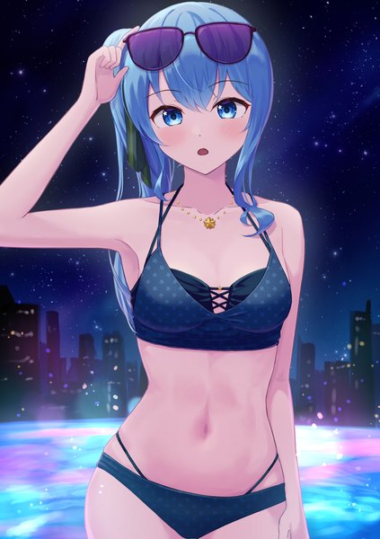 Anime picture 1239x1756 with virtual youtuber hololive hoshimachi suisei typho single long hair tall image looking at viewer blush fringe breasts open mouth blue eyes light erotic hair between eyes blue hair night armpit (armpits) night sky city