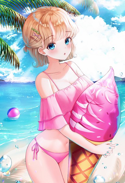 Anime picture 4604x6743 with original pora 0918 single tall image looking at viewer blush fringe highres short hair breasts open mouth blue eyes blonde hair standing holding absurdres sky cleavage cloud (clouds) outdoors