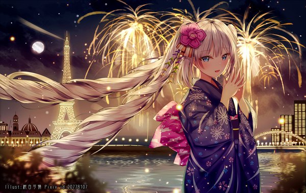 Anime picture 1902x1200 with fate (series) fate/grand order marie antoinette (fate/grand order) junpaku karen single looking at viewer blush fringe highres open mouth blue eyes hair between eyes standing twintails silver hair outdoors very long hair traditional clothes japanese clothes night