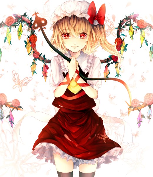 Anime picture 1300x1500 with touhou flandre scarlet renkarua single tall image looking at viewer short hair blonde hair red eyes one side up girl thighhighs dress skirt flower (flowers) bow weapon black thighhighs petals wings