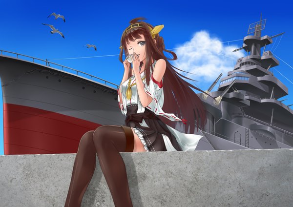 Anime picture 3507x2480 with kantai collection kongou battleship ccjn single long hair highres brown hair sitting absurdres sky cloud (clouds) ahoge one eye closed wink black eyes nontraditional miko knees together feet apart girl hair ornament detached sleeves