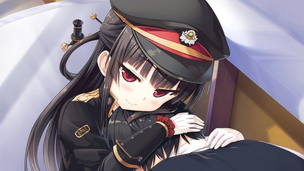 Anime picture 2560x1440 with maitetsu hachiroku (maitetsu) cura long hair looking at viewer blush fringe highres black hair smile red eyes wide image payot blunt bangs head tilt hand on another's head girl dress boy gloves