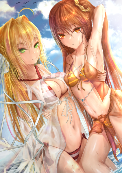 Anime picture 1352x1920 with fate (series) fate/grand order nero claudius (fate) fujimaru ritsuka (female) nero claudius (swimsuit caster) (fate) kayjae long hair tall image fringe breasts light erotic blonde hair hair between eyes standing multiple girls green eyes sky cloud (clouds) ahoge outdoors