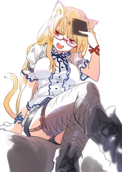 Anime picture 636x897 with original pine single long hair tall image blush fringe breasts open mouth light erotic blonde hair red eyes sitting holding animal ears bent knee (knees) tail animal tail cat ears cat girl