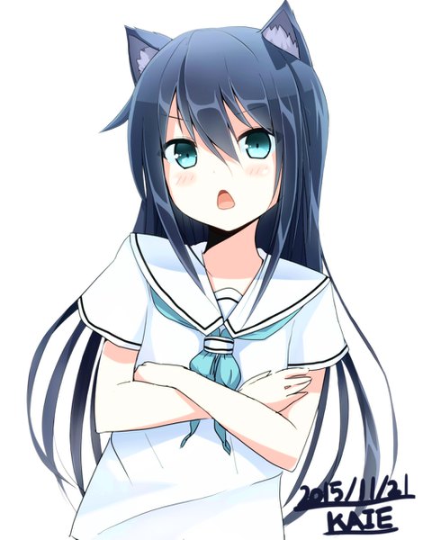 Anime picture 1000x1275 with original kaie single long hair tall image looking at viewer blush fringe simple background hair between eyes white background signed animal ears blue hair aqua eyes cat ears cat girl dated hands clasped girl