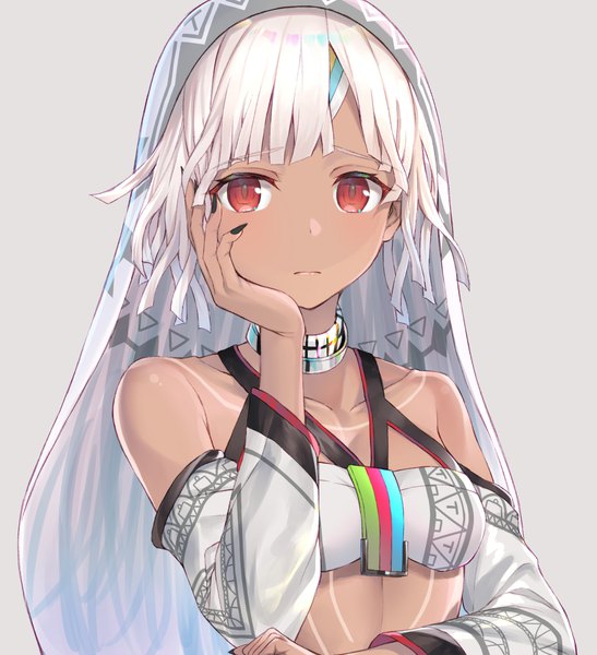 Anime picture 978x1071 with fate (series) fate/extra fate/extella altera (fate) hakuishi aoi single tall image looking at viewer short hair simple background red eyes bare shoulders upper body white hair nail polish fingernails grey background dark skin black nail polish hand on face