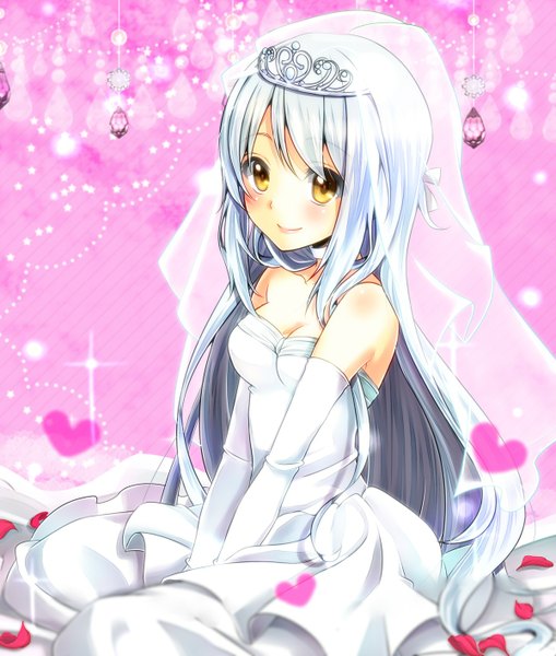Anime picture 1200x1412 with kantai collection shoukaku aircraft carrier an2a single long hair tall image looking at viewer blush fringe sitting yellow eyes cleavage silver hair light smile alternate costume shiny skin pink background shiny wedding girl
