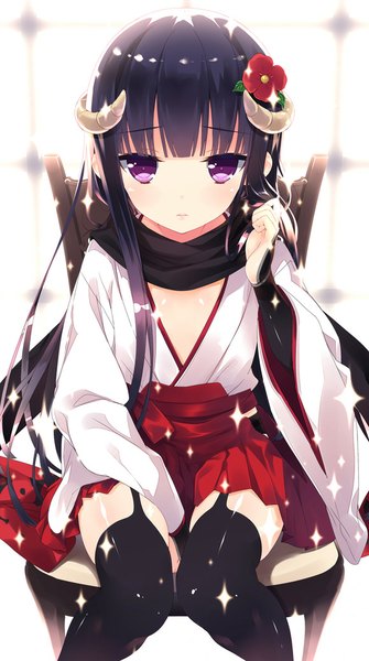 Anime picture 579x1036 with inu x boku ss david production shirakiin ririchiyo show (rinnetenshow) single long hair tall image looking at viewer sitting purple eyes purple hair traditional clothes hair flower horn (horns) girl thighhighs hair ornament flower (flowers) black thighhighs scarf