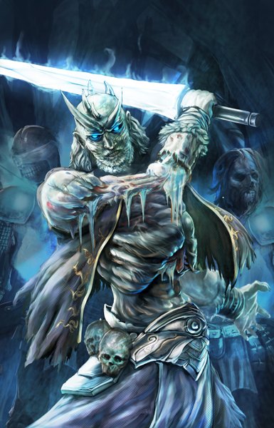 Anime picture 1800x2800 with a song of ice and fire white walker 17354828 tall image looking at viewer highres short hair blue eyes standing holding silver hair arm up horn (horns) multiple boys torn clothes glowing glowing eye (eyes) fighting stance clenched teeth skeleton