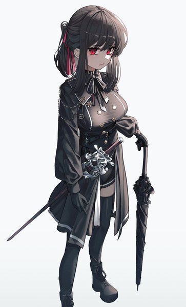 Anime picture 3744x6192 with original domi (hyaku8795) single tall image looking at viewer fringe highres short hair breasts black hair simple background red eyes standing white background holding payot absurdres full body ponytail long sleeves