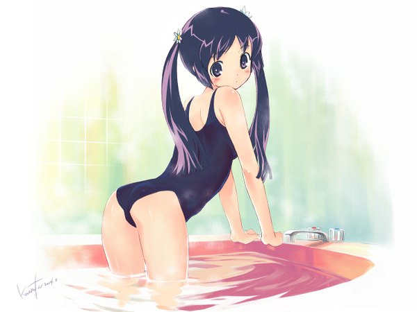 イラスト 1280x960 と ホワイトアルバム mizuki mana カワタヒサシ light erotic ツインテール 水着 ワンピース水着 スクール水着 風呂