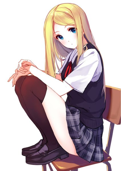 Anime picture 900x1273 with original caidychen single long hair tall image looking at viewer blush blue eyes blonde hair simple background white background zettai ryouiki plaid skirt squat jpeg artifacts girl thighhighs skirt uniform black thighhighs