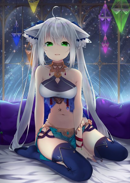 Anime picture 1100x1553 with original miyakura shiiha single long hair tall image looking at viewer fringe smile hair between eyes sitting twintails bare shoulders green eyes animal ears payot silver hair ahoge bent knee (knees) parted lips cat ears