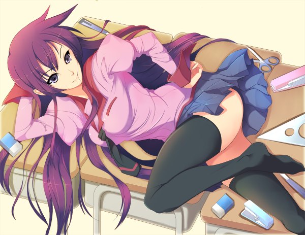 Anime picture 1200x926 with bakemonogatari shaft (studio) monogatari (series) senjougahara hitagi koflif long hair light erotic purple hair lying black eyes hand on hip mouth hold girl thighhighs skirt uniform black thighhighs school uniform miniskirt serafuku