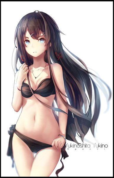 Anime picture 800x1246 with yahari ore no seishun love comedy wa machigatteiru. brains base (studio) yukinoshita yukino openvl single long hair tall image looking at viewer breasts blue eyes light erotic black hair simple background standing white background parted lips bare legs character names border adjusting hair