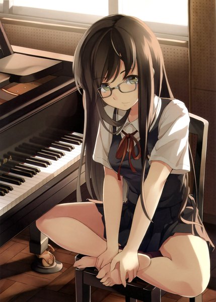 Anime picture 3687x5158 with yoiko no moecco! - long black hair only original supertie single long hair tall image looking at viewer highres black hair sitting yellow eyes absurdres barefoot scan girl skirt uniform school uniform miniskirt glasses
