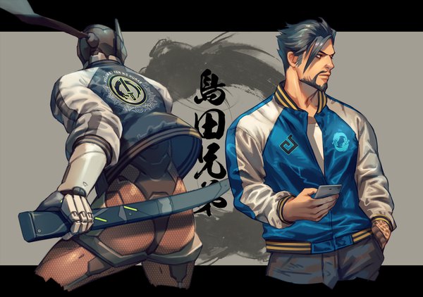 Anime picture 1600x1126 with overwatch blizzard entertainment hanzo (overwatch) genji (overwatch) hage2013 short hair light erotic looking away upper body grey hair from behind black eyes realistic inscription open jacket multiple boys alternate costume letterboxed hand in pocket siblings