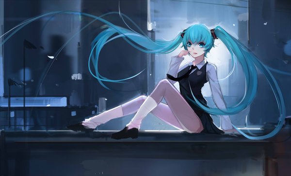 Anime picture 2000x1216 with vocaloid hatsune miku nero (nilu) single looking at viewer fringe highres breasts open mouth blue eyes wide image twintails outdoors pleated skirt wind aqua hair night arm support alternate costume legs