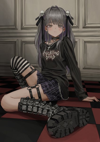 Anime picture 2894x4093 with original nadegata single long hair tall image looking at viewer fringe highres sitting yellow eyes purple hair long sleeves nail polish pleated skirt multicolored hair grey hair two-tone hair two side up sleeves past wrists plaid skirt