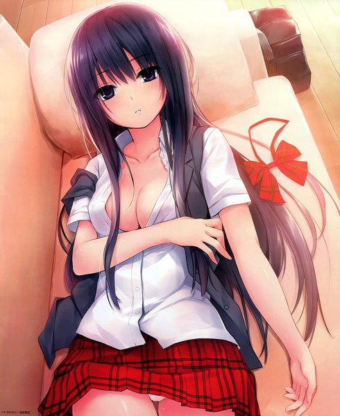 Anime picture 4160x5092 with original shiramine rika coffee-kizoku long hair tall image looking at viewer highres breasts light erotic black hair purple eyes absurdres scan pantyshot girl skirt miniskirt shirt couch