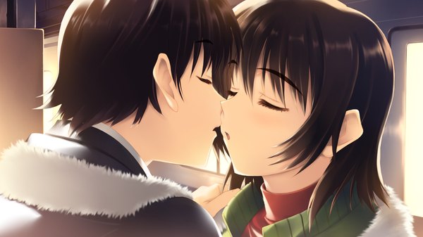 Anime picture 1280x720 with white album 2 short hair black hair wide image game cg eyes closed almost kiss girl boy jacket