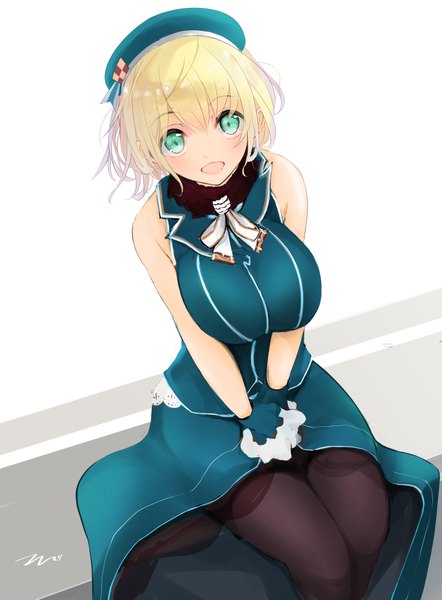 Anime picture 1555x2111 with kantai collection atago heavy cruiser tebi (tbd11) single tall image looking at viewer blush fringe short hair breasts open mouth light erotic simple background blonde hair smile hair between eyes large breasts white background sitting bare shoulders