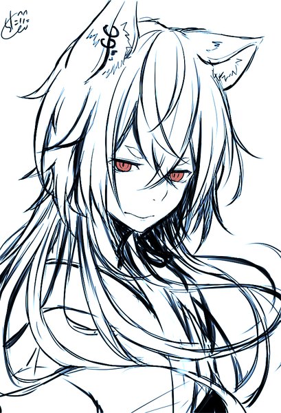 Anime-Bild 682x1000 mit original chita (ketchup) single long hair tall image looking at viewer fringe simple background hair between eyes red eyes white background signed animal ears upper body fox ears floating hair piercing monochrome ear piercing eyebrows