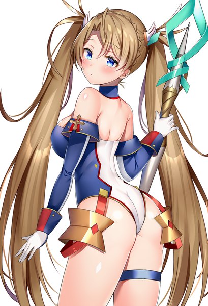 Anime-Bild 1500x2201 mit fate (series) fate/grand order bradamante (fate/grand order) aozora nan single long hair tall image looking at viewer blush fringe breasts blue eyes light erotic simple background hair between eyes large breasts standing white background twintails bare shoulders