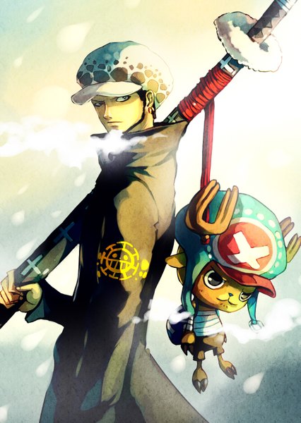 Anime picture 1065x1500 with one piece toei animation tony tony chopper trafalgar law sa-dui tall image short hair black hair looking away horn (horns) black eyes weapon over shoulder shichibukai boy weapon hat animal sword katana deer