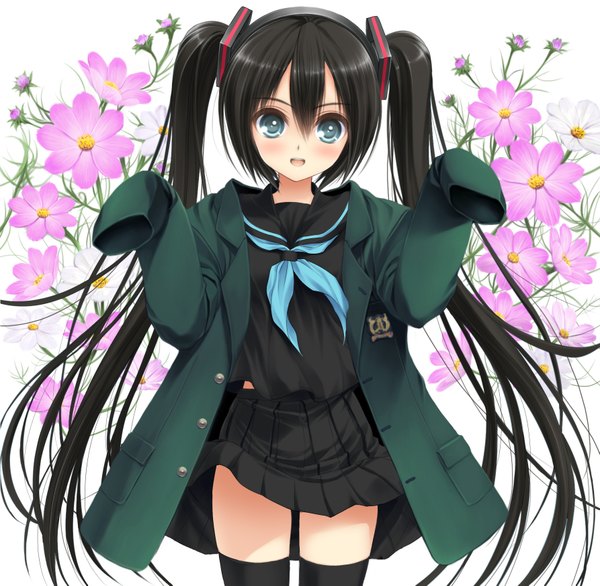 Anime picture 1785x1745 with vocaloid hatsune miku norita single blush highres open mouth black hair twintails long sleeves very long hair aqua eyes girl thighhighs flower (flowers) black thighhighs serafuku jacket sailor suit