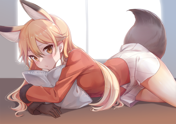 Anime picture 1276x900 with kemono friends ezo red fox (kemono friends) konnyaku (kk-monmon) single long hair looking at viewer blush fringe blonde hair hair between eyes brown eyes animal ears indoors tail lying long sleeves animal tail pleated skirt fur trim fox ears