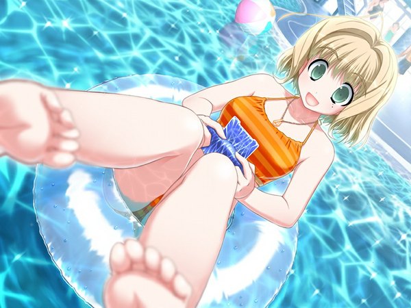 Anime picture 1024x768 with gengetsu no pandora amaizumi uni short hair open mouth blonde hair green eyes game cg girl swimsuit